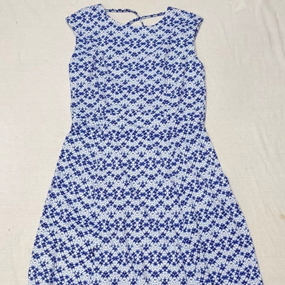 TITLE NINE ATHLETIC BLUE AND WHITE ABSTRACT PRINT, SPORTY SLINKY COOL TECH DRESS